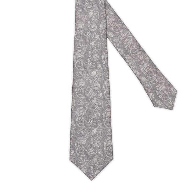 KITON Gray-White Paisely Seven Fold Silk Tie NEW Online