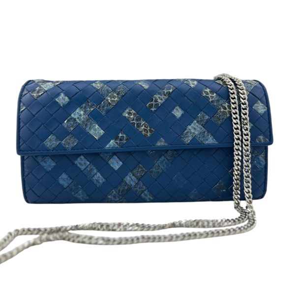 BOTTEGA VENETA Blue Leather and Snake Intrecciato Wallet with added Chain Supply