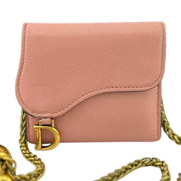 DIOR Pink Leather Compact Saddle Wallet with Added Adjustable Chain For Discount