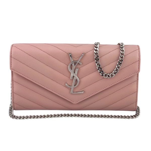 SAINT LAURENT Pink Grain de Poudre Chevron YSL Cassandra Clutch on Chain Online now