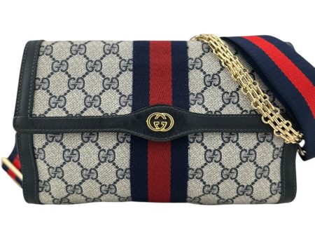 GUCCI Medium Navy Coated Canvas Ophidia Clutch with added Strap & Chain Online Hot Sale