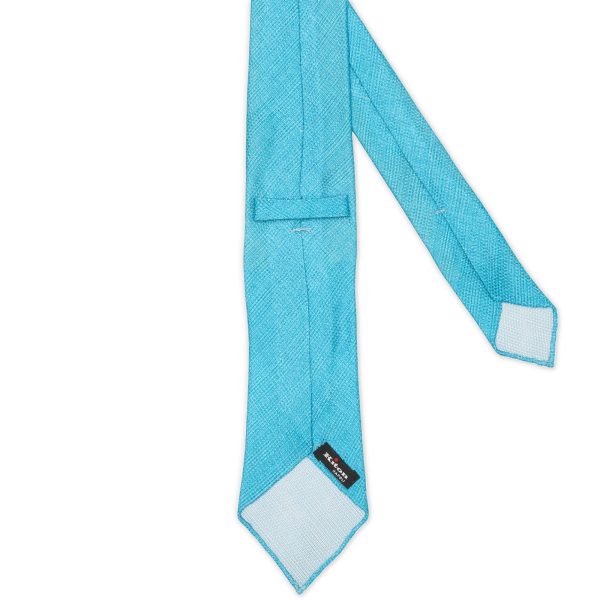 KITON Light Blue Seven Fold Silk-Linen Hopsack Tie NEW For Discount