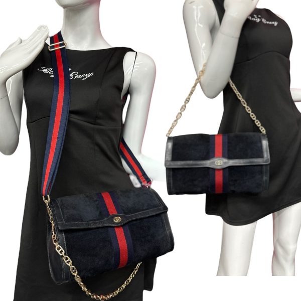 GUCCI Large Navy Suede Ophidia Clutch with added Strap & Chain Fashion