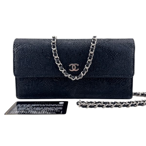 CHANEL Black Lace Goatskin Long Flap Wallet on Sale