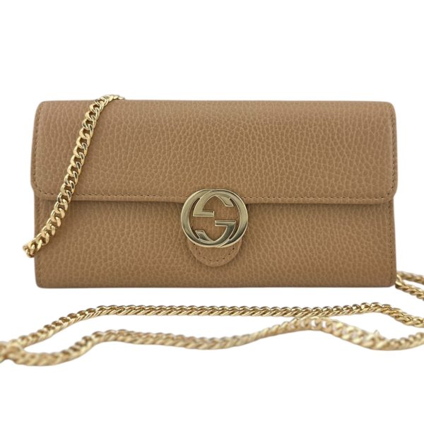 GUCCI Beige Pebbled Calfskin Interlocking GG Logo  Leather Wallet with added Chain Online