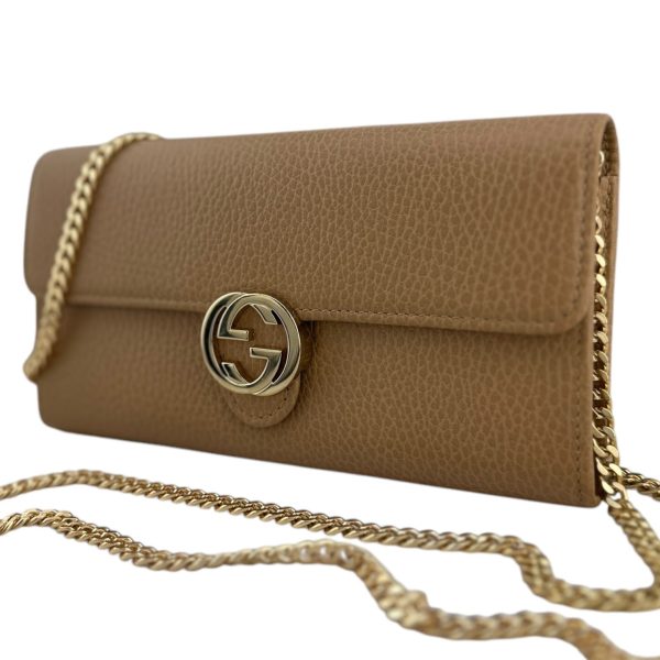 GUCCI Beige Pebbled Calfskin Interlocking GG Logo  Leather Wallet with added Chain Online