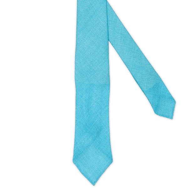 KITON Light Blue Seven Fold Silk-Linen Hopsack Tie NEW For Discount