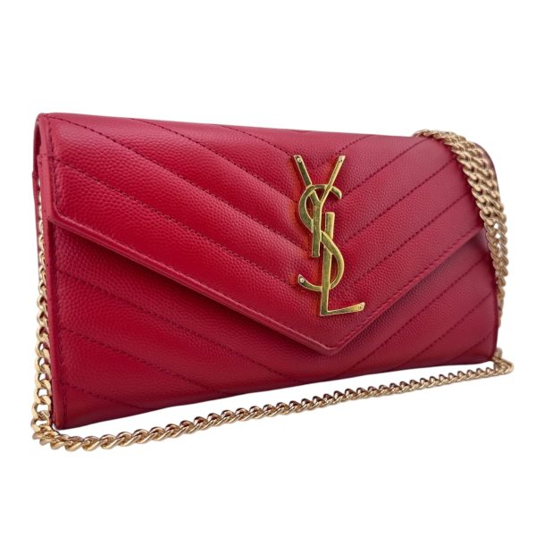 SAINT LAURENT Red Grain de Poudre Chevron Cassandra YSL Clutch with Chain Online