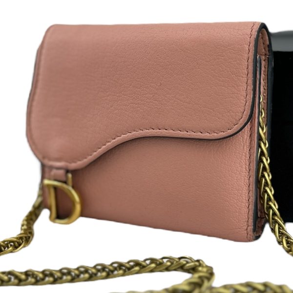 DIOR Pink Leather Compact Saddle Wallet with Added Adjustable Chain For Discount