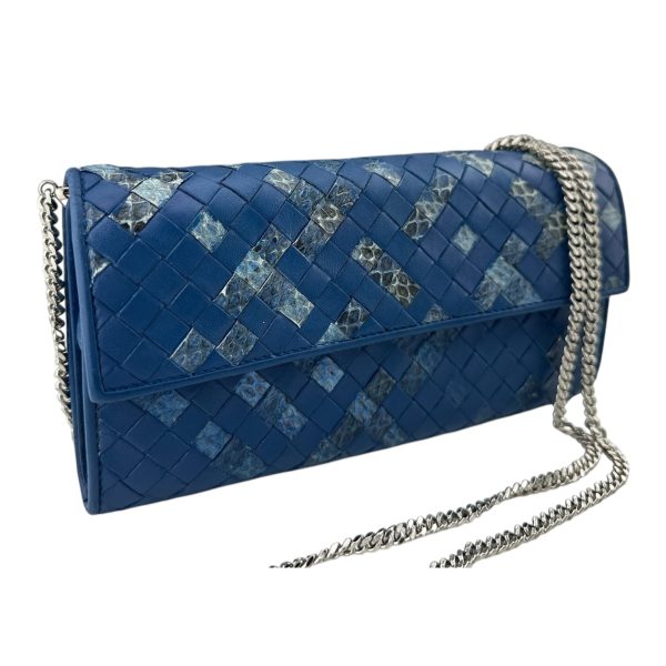 BOTTEGA VENETA Blue Leather and Snake Intrecciato Wallet with added Chain Supply