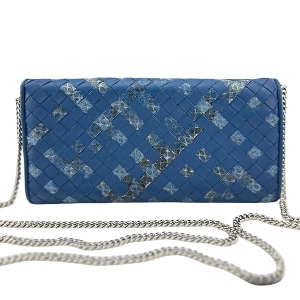 BOTTEGA VENETA Blue Leather and Snake Intrecciato Wallet with added Chain Supply