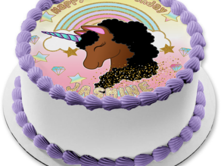 Afro Unicorn Pastel Stars, Diamonds and Glitter Edible Cake Topper Image ABPID56427 on Sale